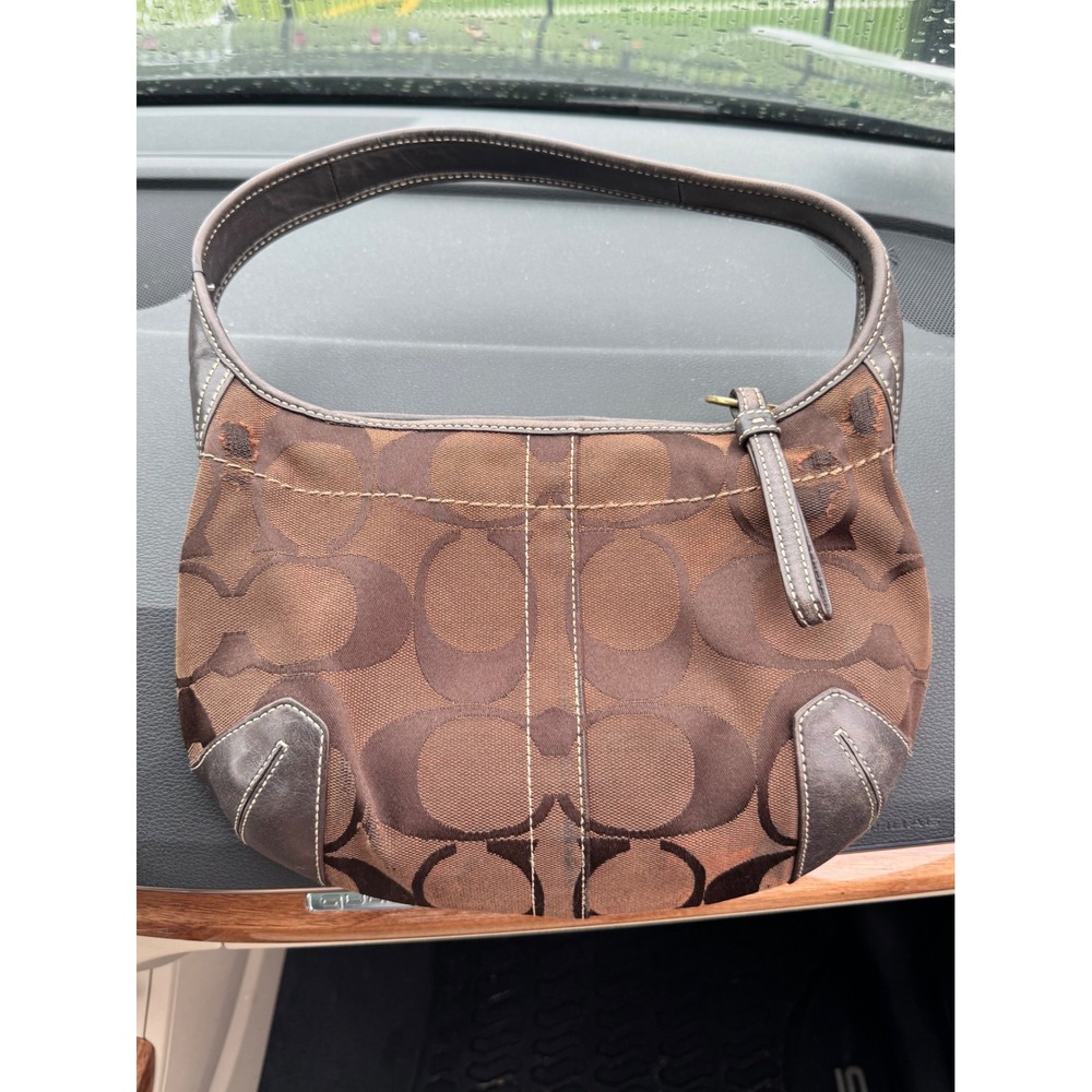 Coach 11289 Signature C Jacquard Hobo Shoulder Bag Brown Leather Y2K Purse